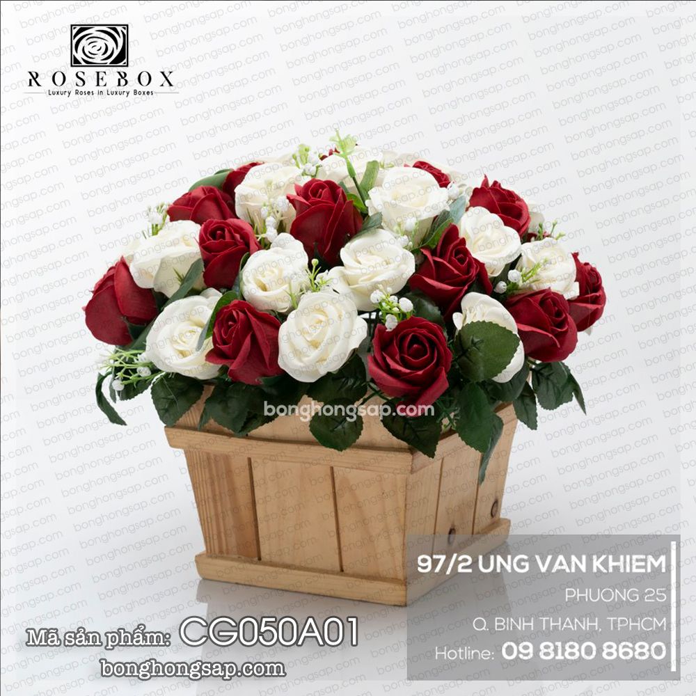 Hoa Hồng Sáp Thơm 50 Bông Hộp Gỗ Đỏ Đô Trắng
